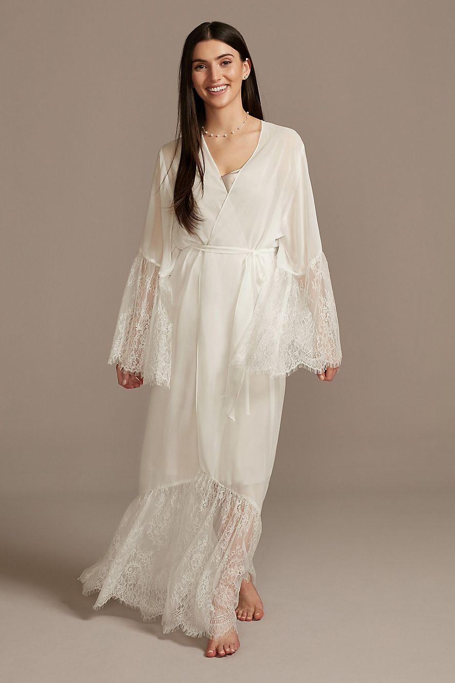 Long, floaty bridal robe with eyelash lace trim