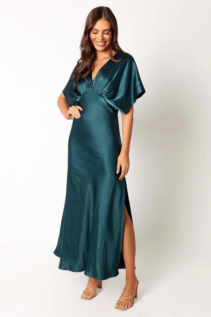 Formal Invitation Emerald Green Satin Cowl Neck Maxi Dress