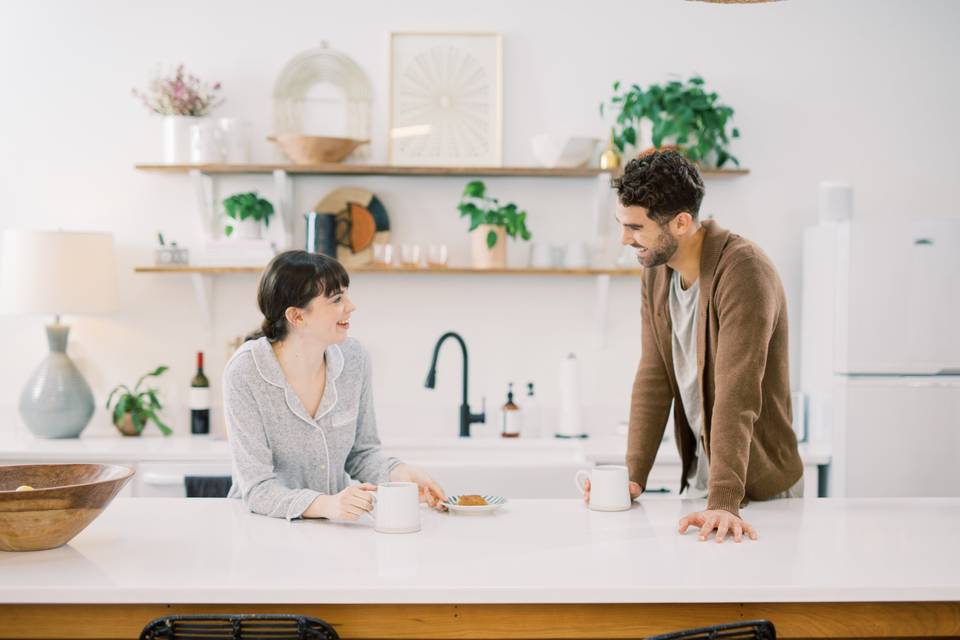 couple having coffee together in pjs