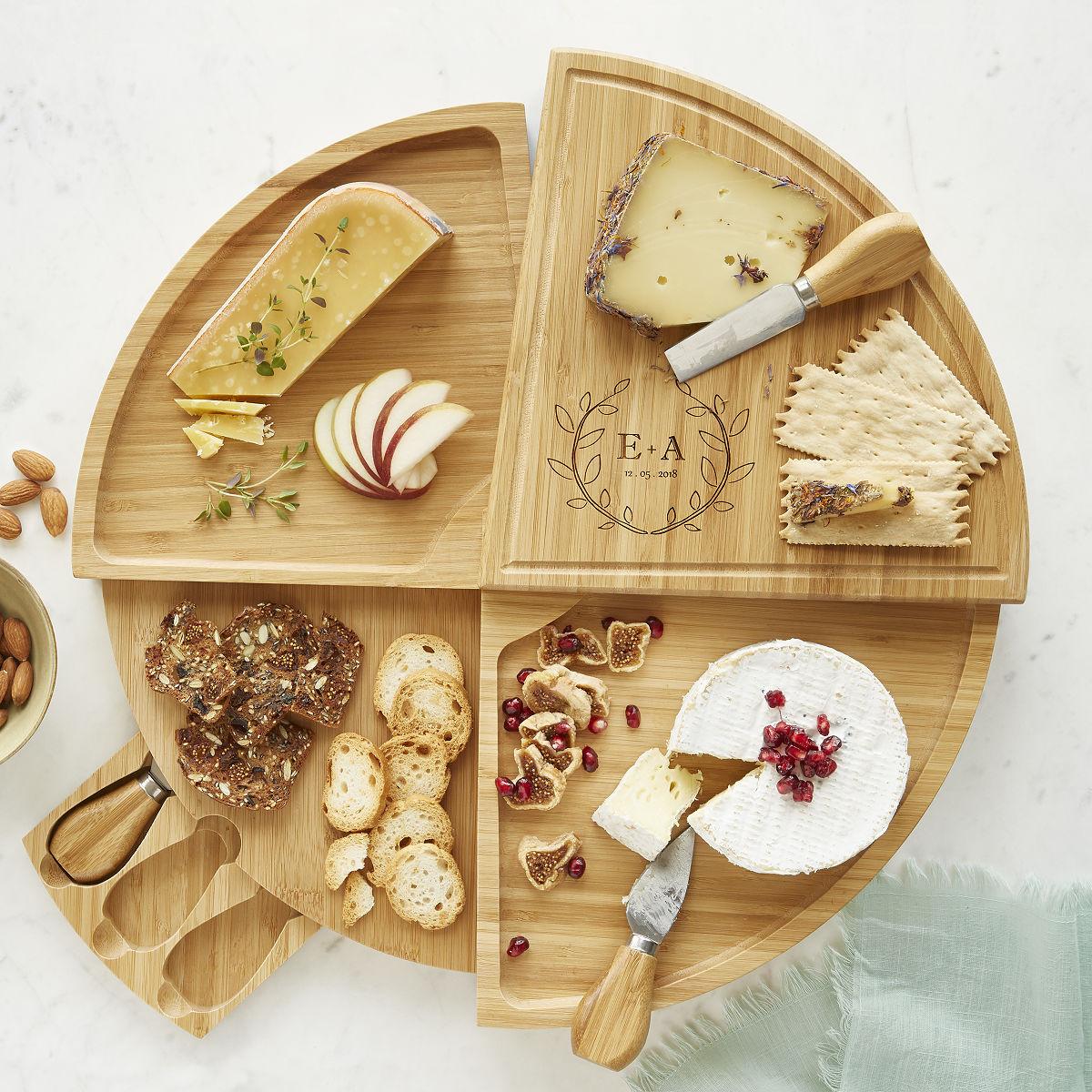 Personalized swivel wooden cheese board first anniversary gift for couple