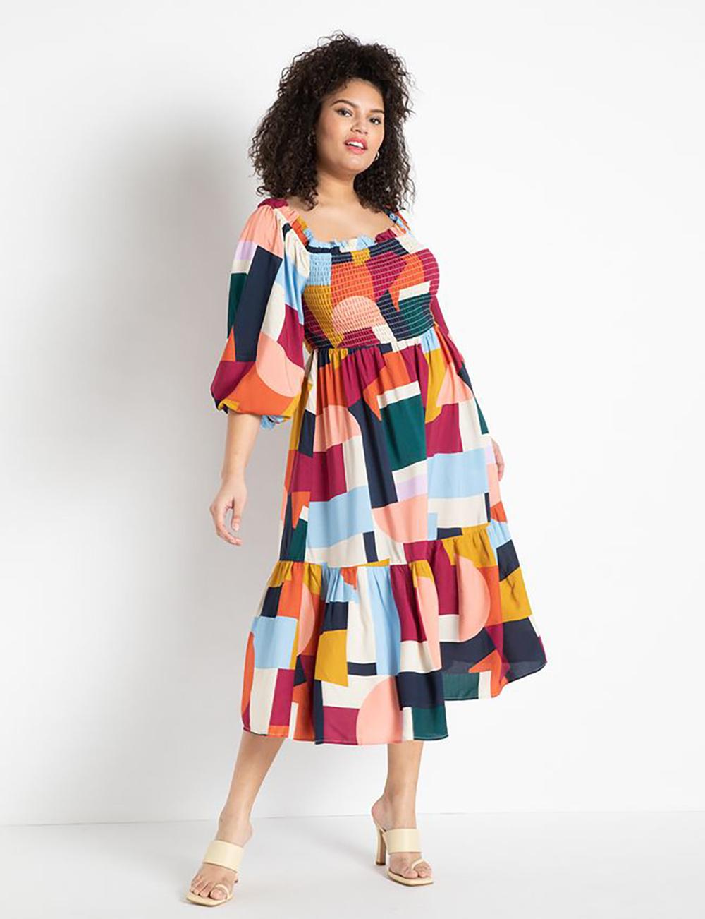Colorful plus size long-sleeve midi dress