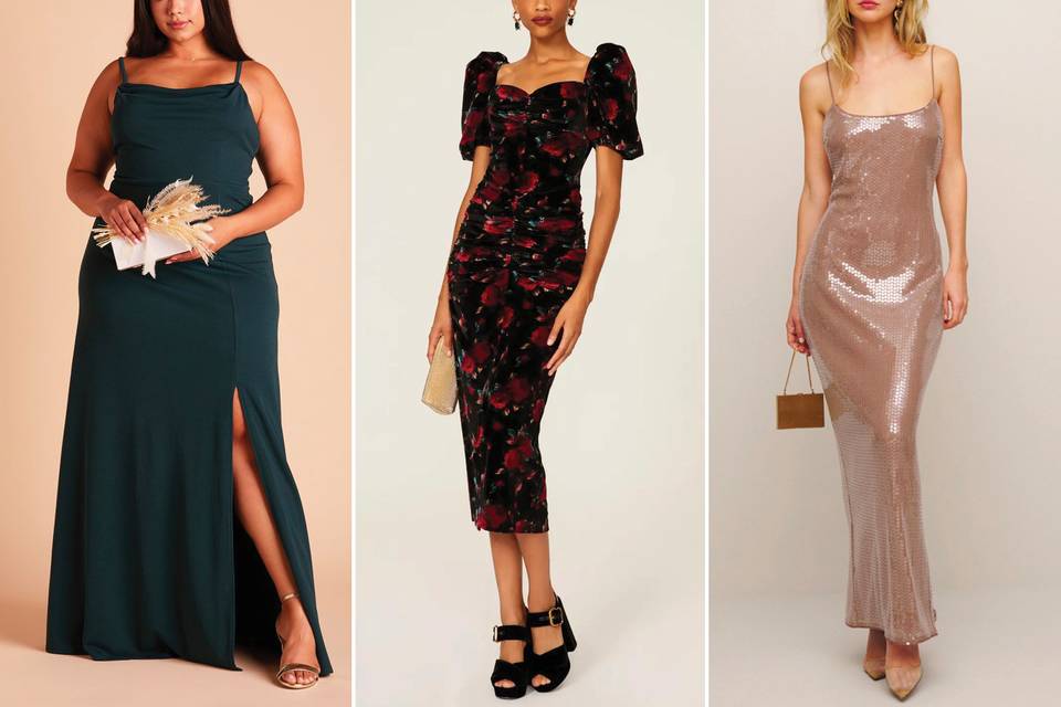 collage of winter wedding guest dresses