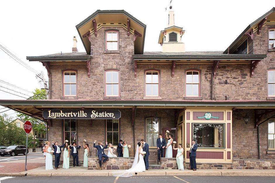 wedding party photo outside of lambertville station