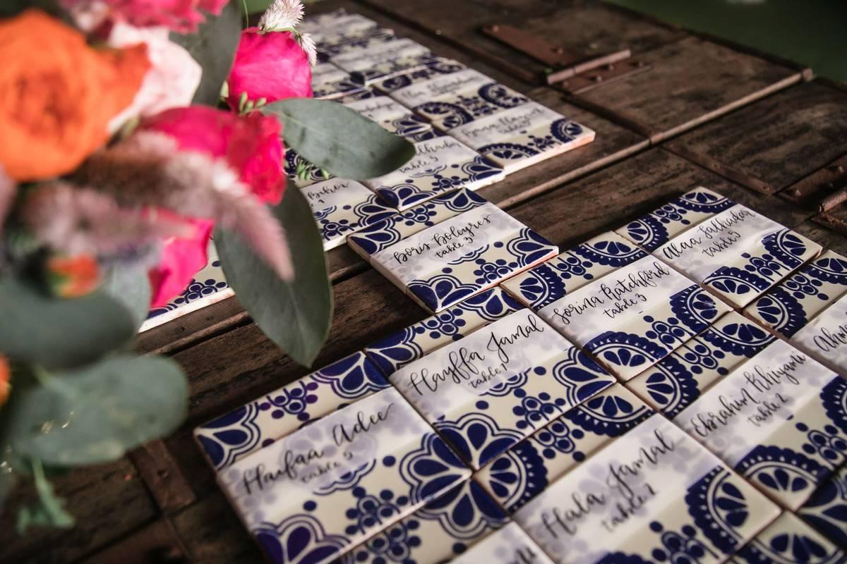 summer wedding color scheme tile escort cards with blue and white pattern