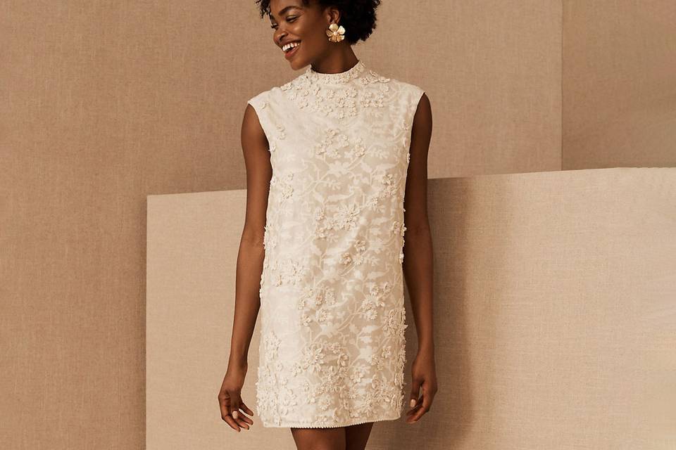 bhldn off white allover floral lace dress with high neckline and cap sleeves for wedding after party outfit