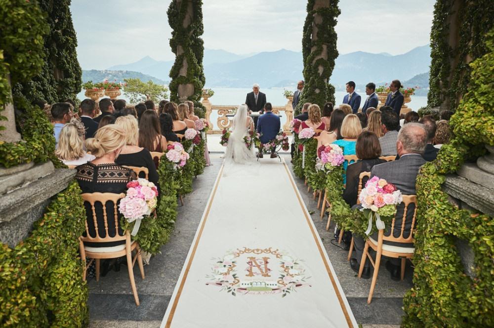 formal outdoor wedding aisle decor custom aisle runner with hand-painted monogram and wedding crest