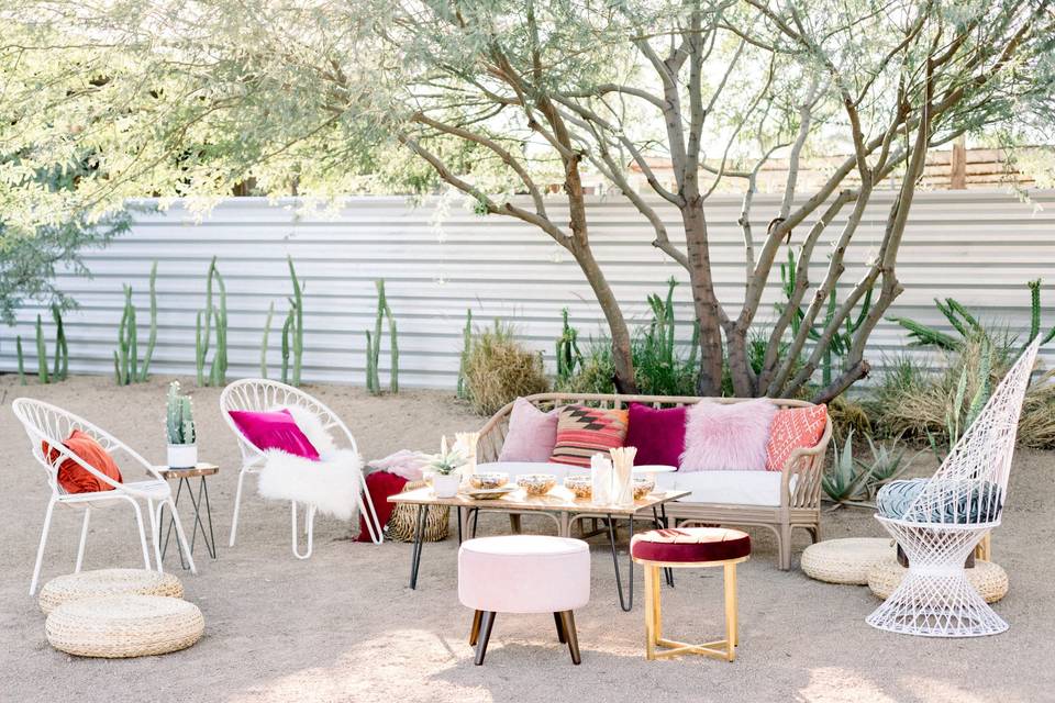 modern boho outdoor wedding lounge area