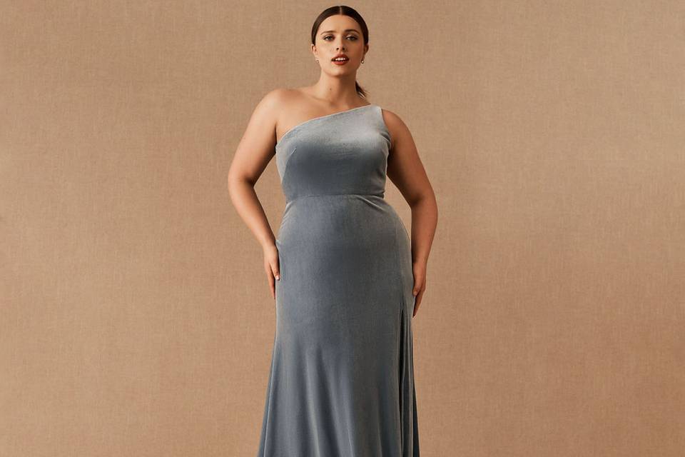 bhldn sky blue velvet one shoulder wedding guest maxi dress with plain chest and plain flowy pleated skirt