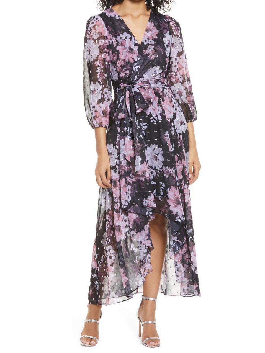 Floral high-low maxi dress guest rehearsal dinner outfit