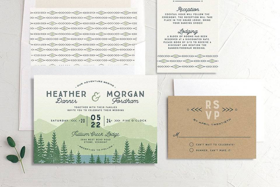 rustic summer wedding invitation suite with mountain forest scene in light green and brown design