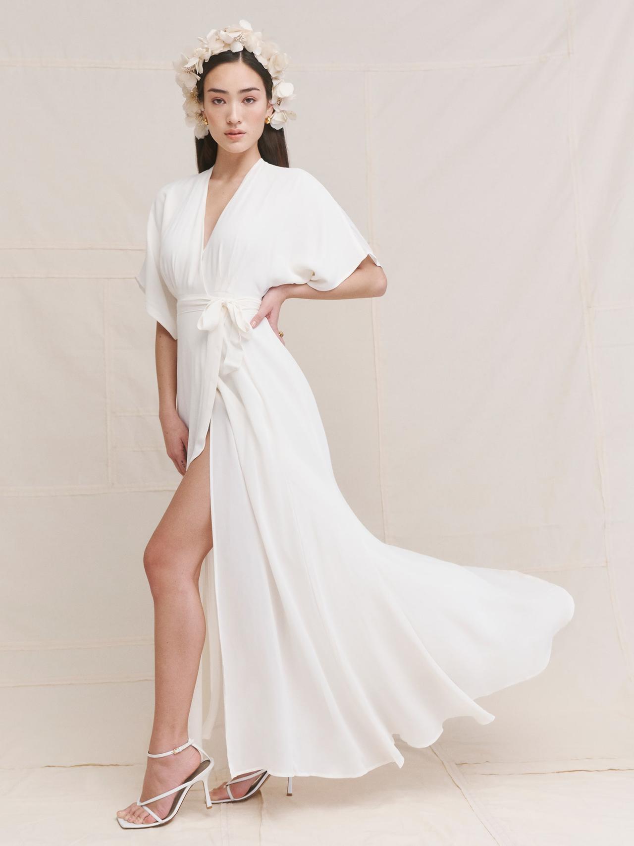 Ivory silk wrap dress Midi silk white dress with bishop sleeve civil wedding flared skirt Romantic dress occasions Bridesmaid wrap dress