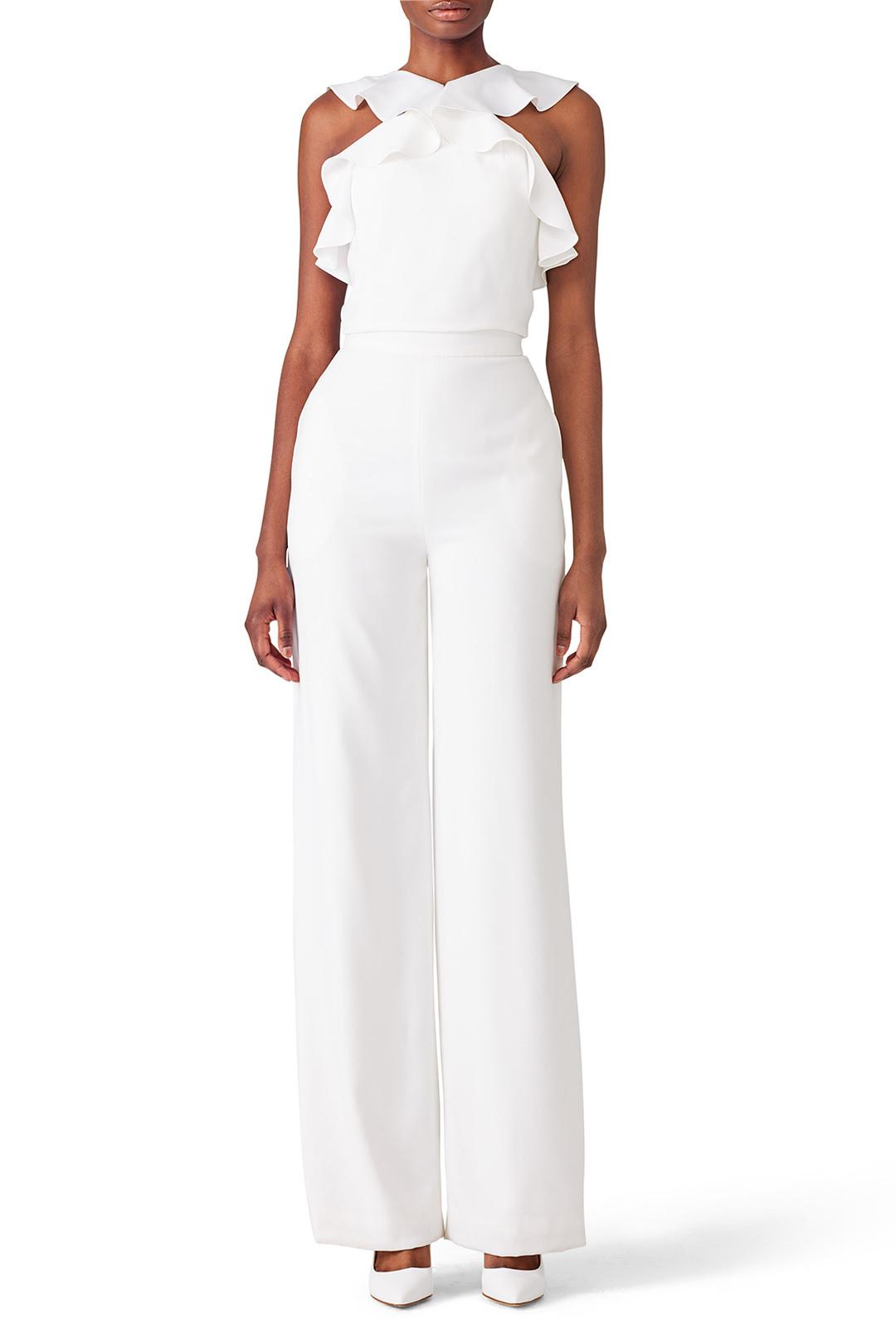 Women's White Jumpsuit One Side Ruffled/high Waist Wide Leg