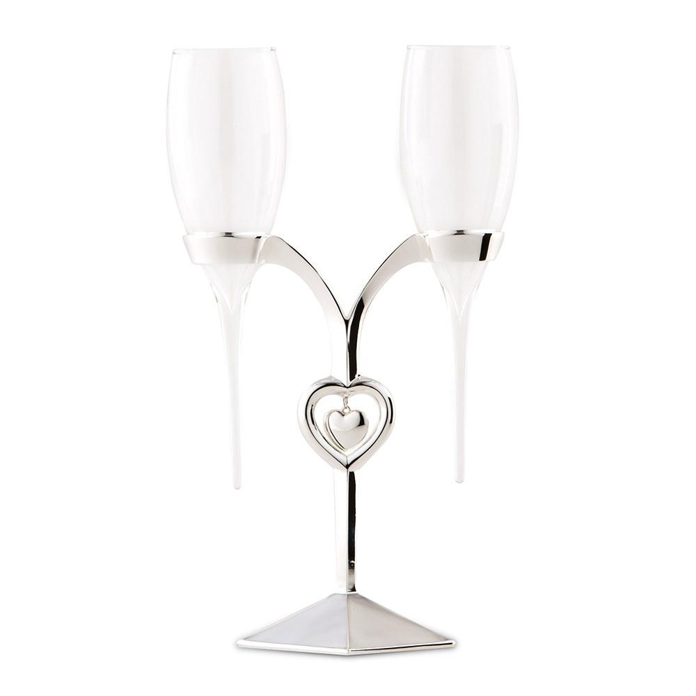 Wedding champagne flutes with silver heart-detail stand