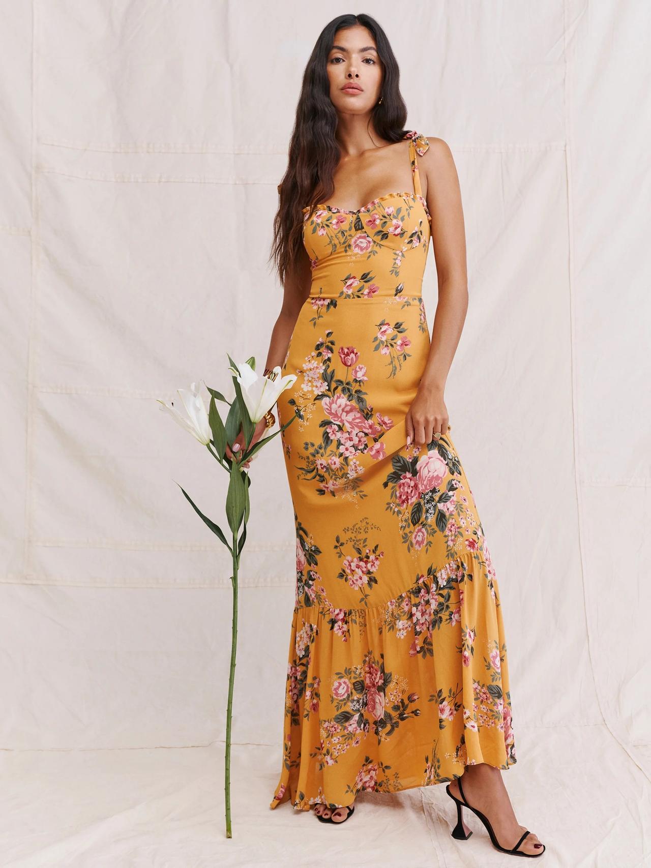 Floral marigold maxi fall wedding guest dress