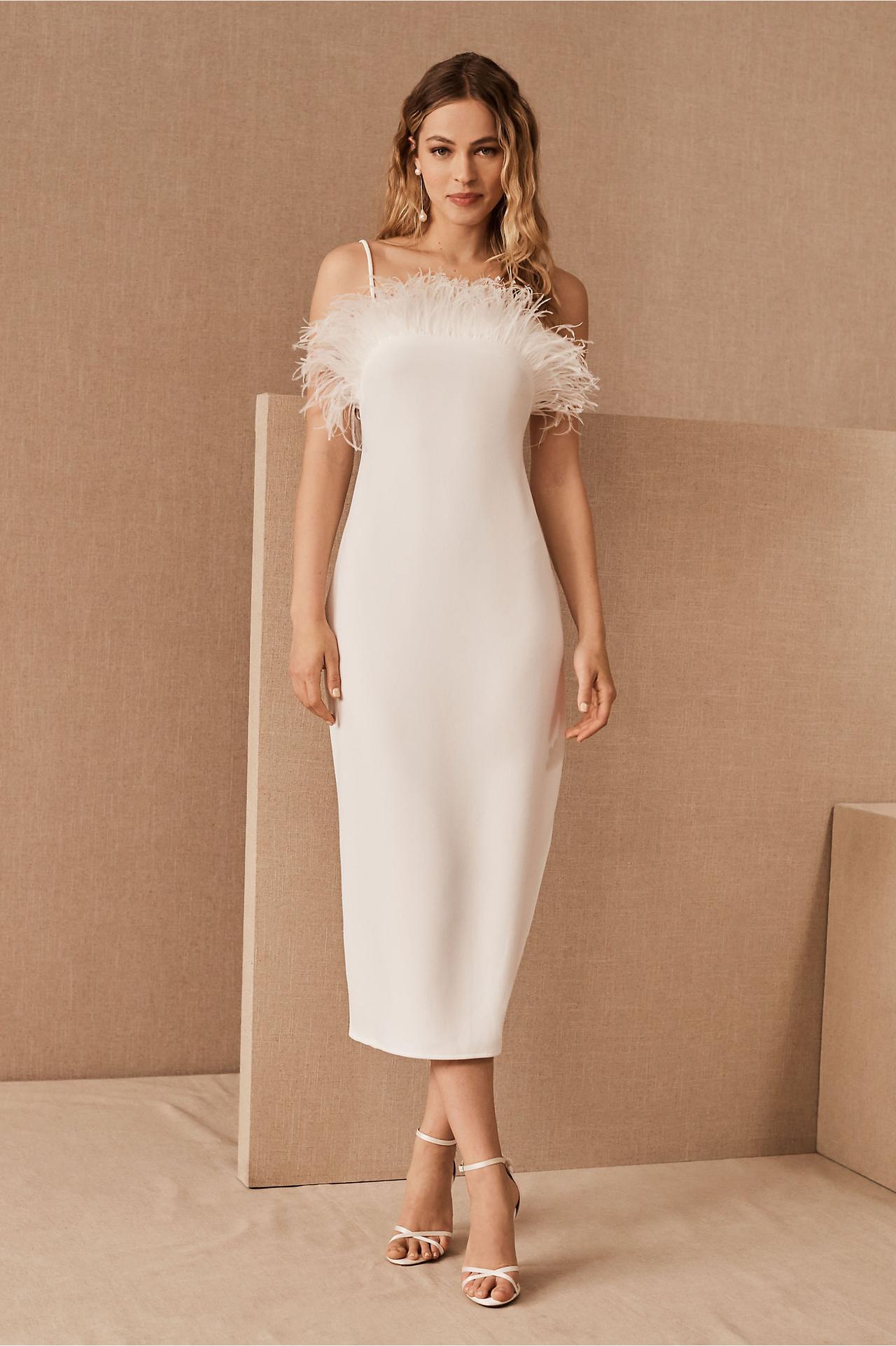 midi courthouse wedding dress column silhouette with ostrich feather neckline