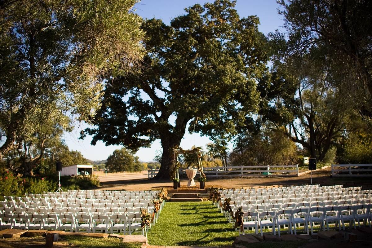 outdoor ceremony at Santa barbara wedding venue rows of white folding chairs are lined up on the grass facing large shady tree