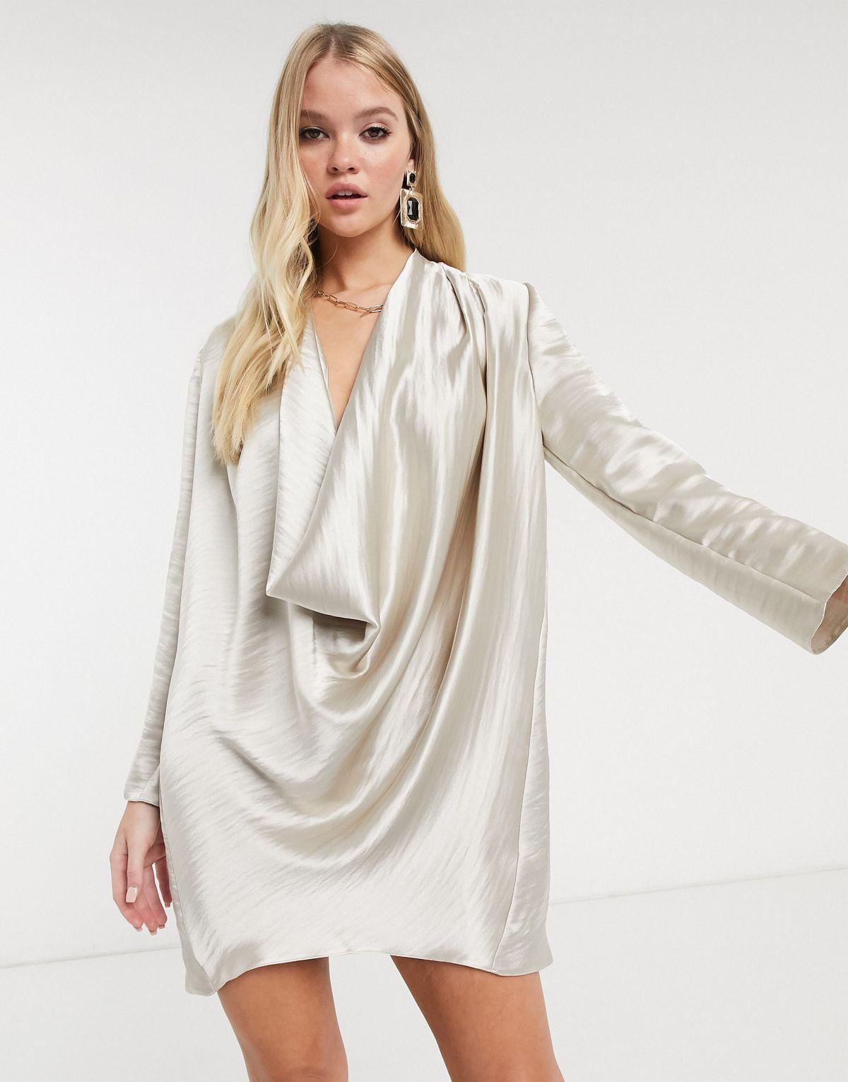 Free Agent Asymmetrical Neck Drape Mini Dress (Ecru)