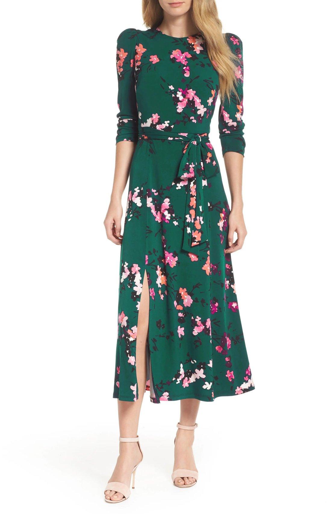 Floral midi rehearsal dinner guest dress