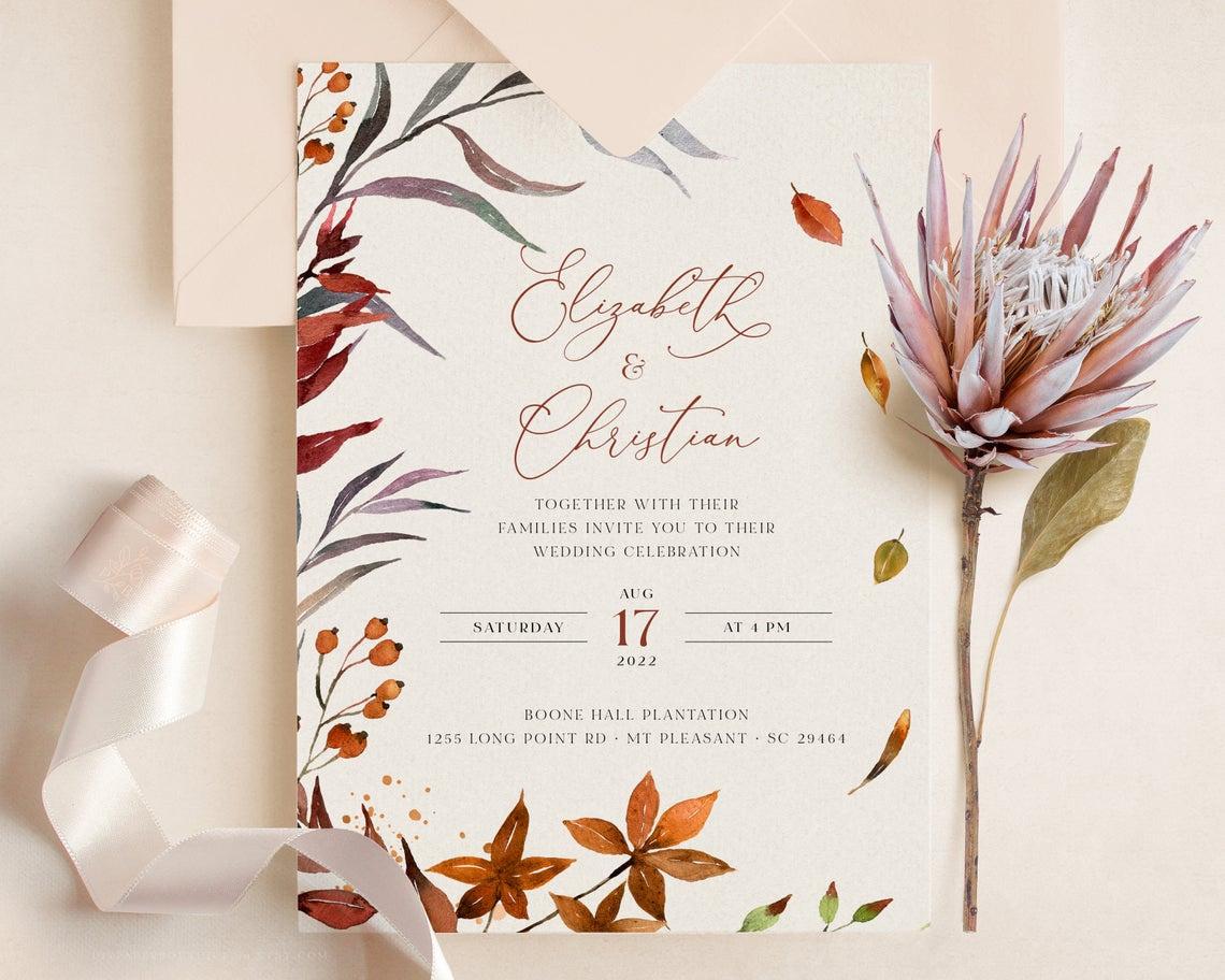 Fall Wedding Invitations Fall Watercolor Floral Wedding Invitation Response Card  Invitation Suite Digital or Printed