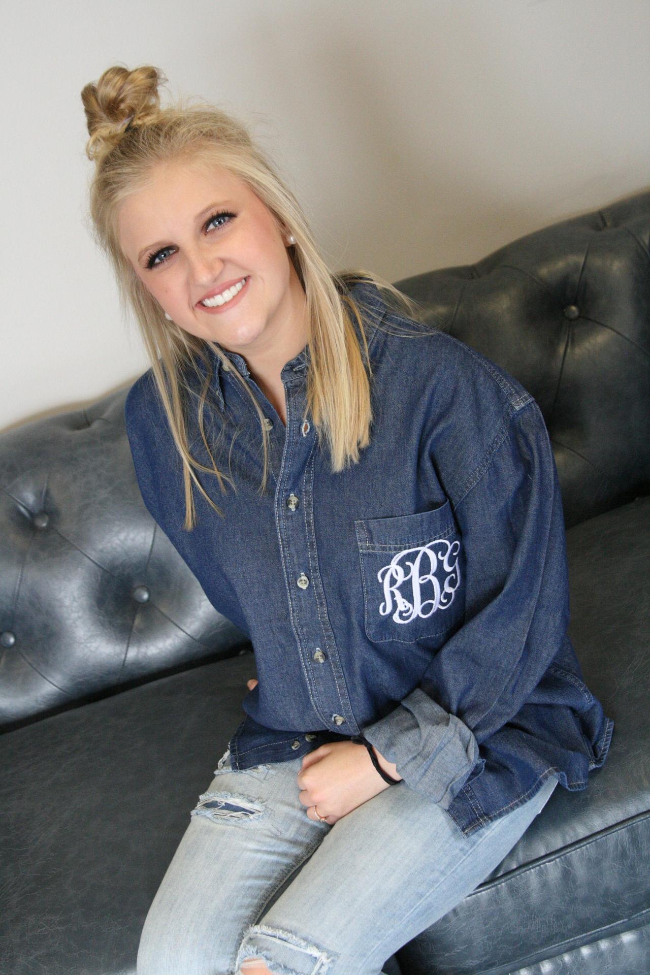 Southern Grace Creations Comfort Color Monogram Pocket Tee Chambray