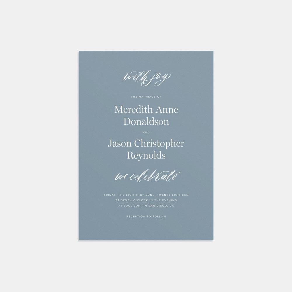 modern blue spring wedding invitations with white calligraphy
