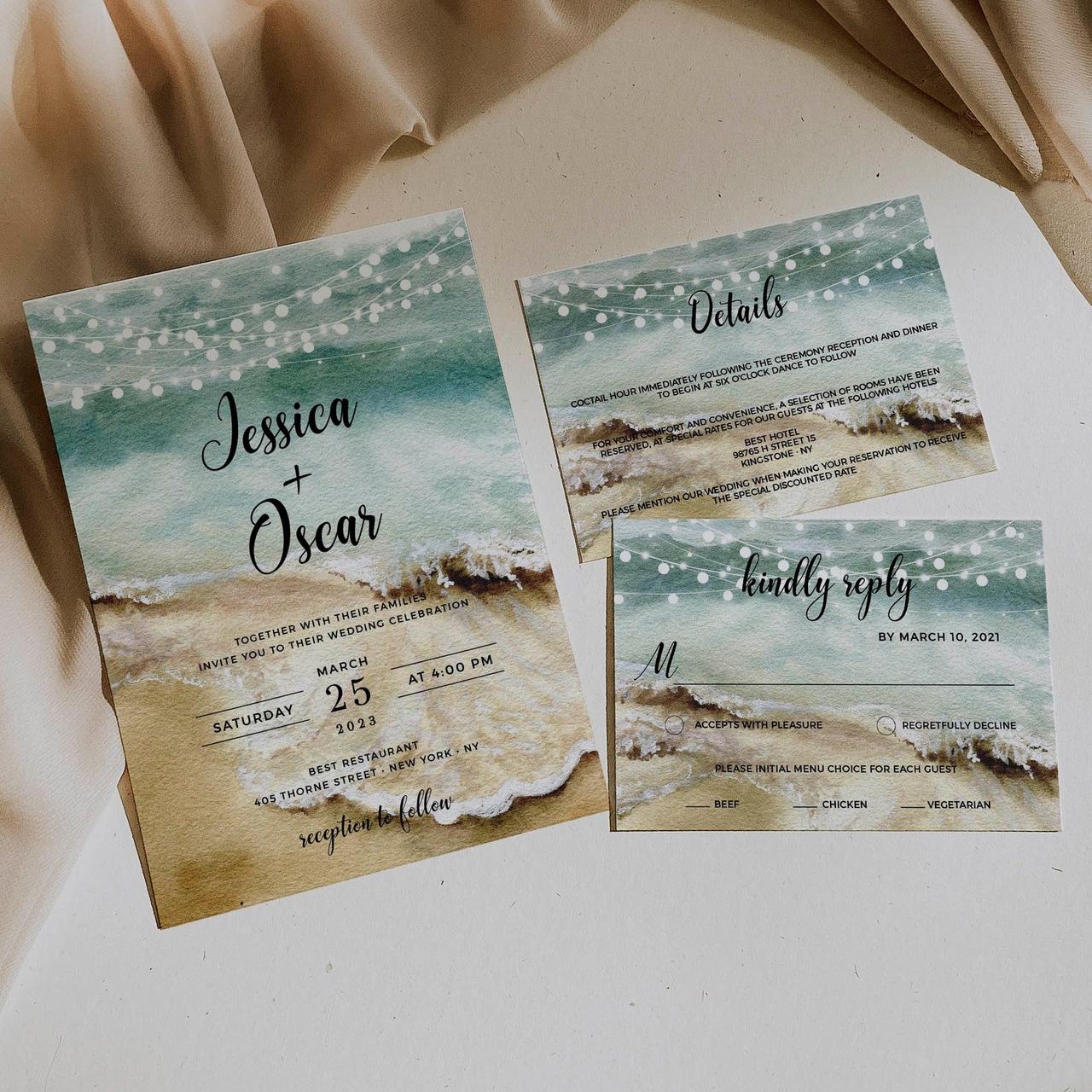 Beach Wedding Invitation  Sea Horses Laser cut Pull out folder