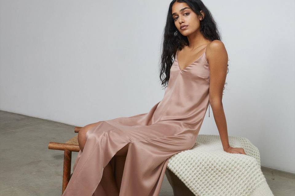 Silk maxi dress with slit and spaghetti straps