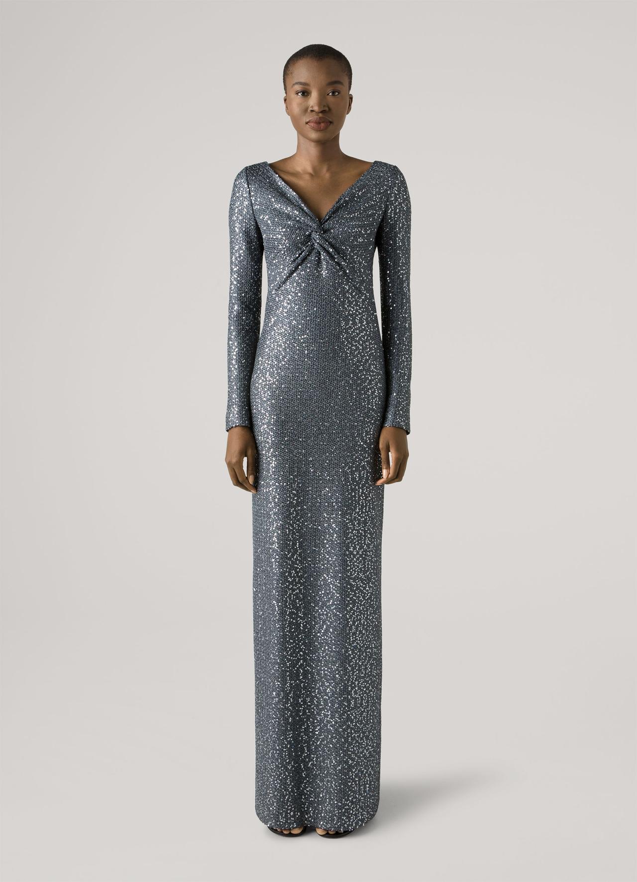 Gray long sleeve floor length sequin gown