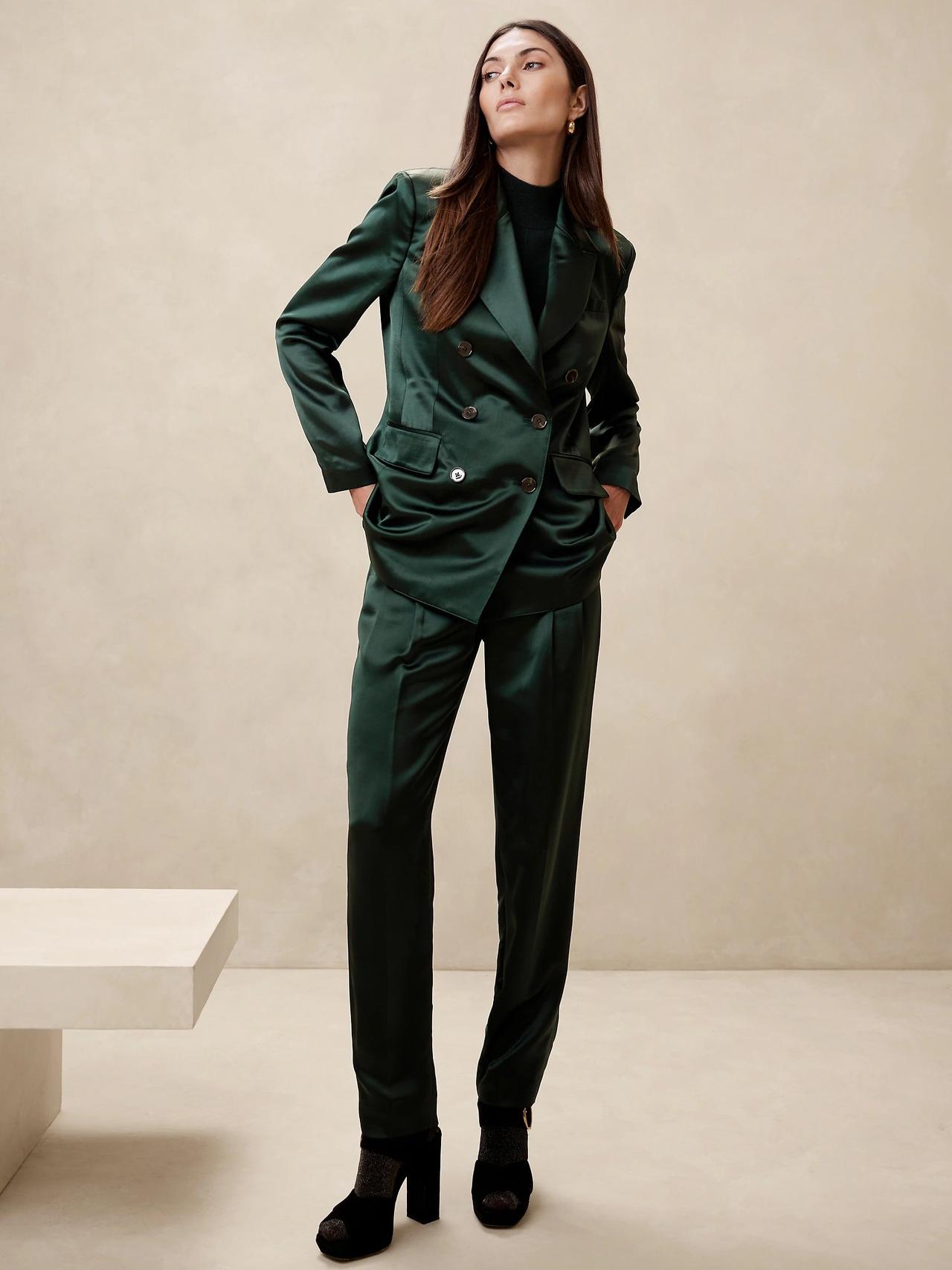 Emerald Women Suit, Wedding Guest Suit, Wide Leg Pants, Three