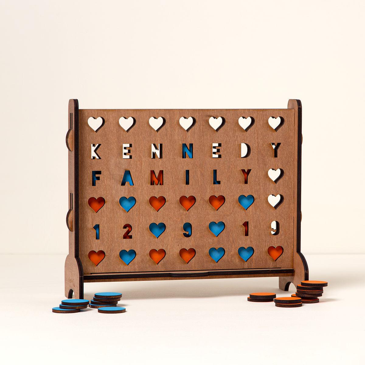 Personalized wooden four across game fifth anniversary traditional gift