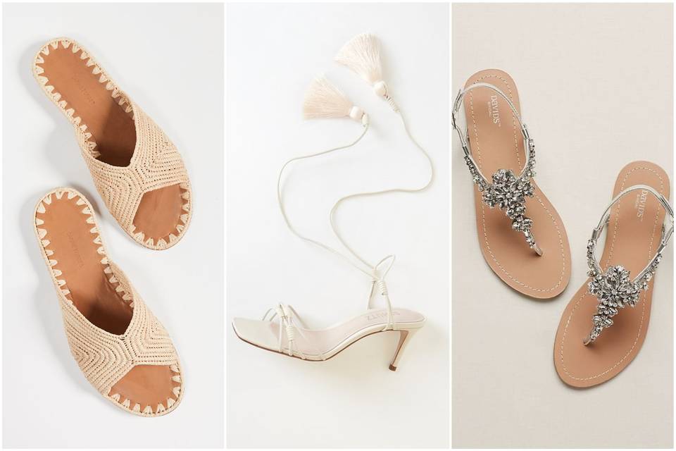 trio of wedding sandals from left to right: raffia slip-on sandals, white high heel lace-up sandal with tassels, flat silver thong beaded sandals