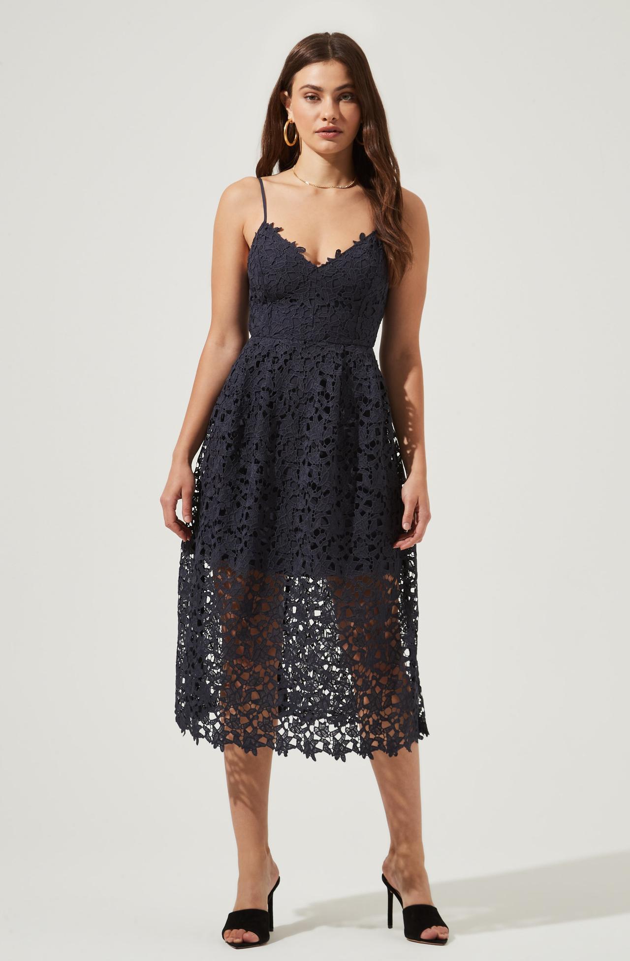 Navy lacy overlay cocktail fall wedding dress for guest