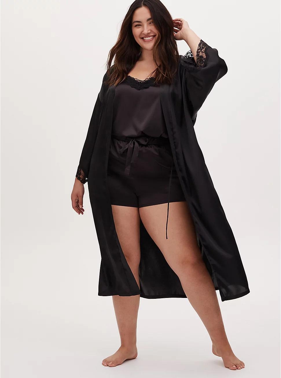 Long black satin bridal robe