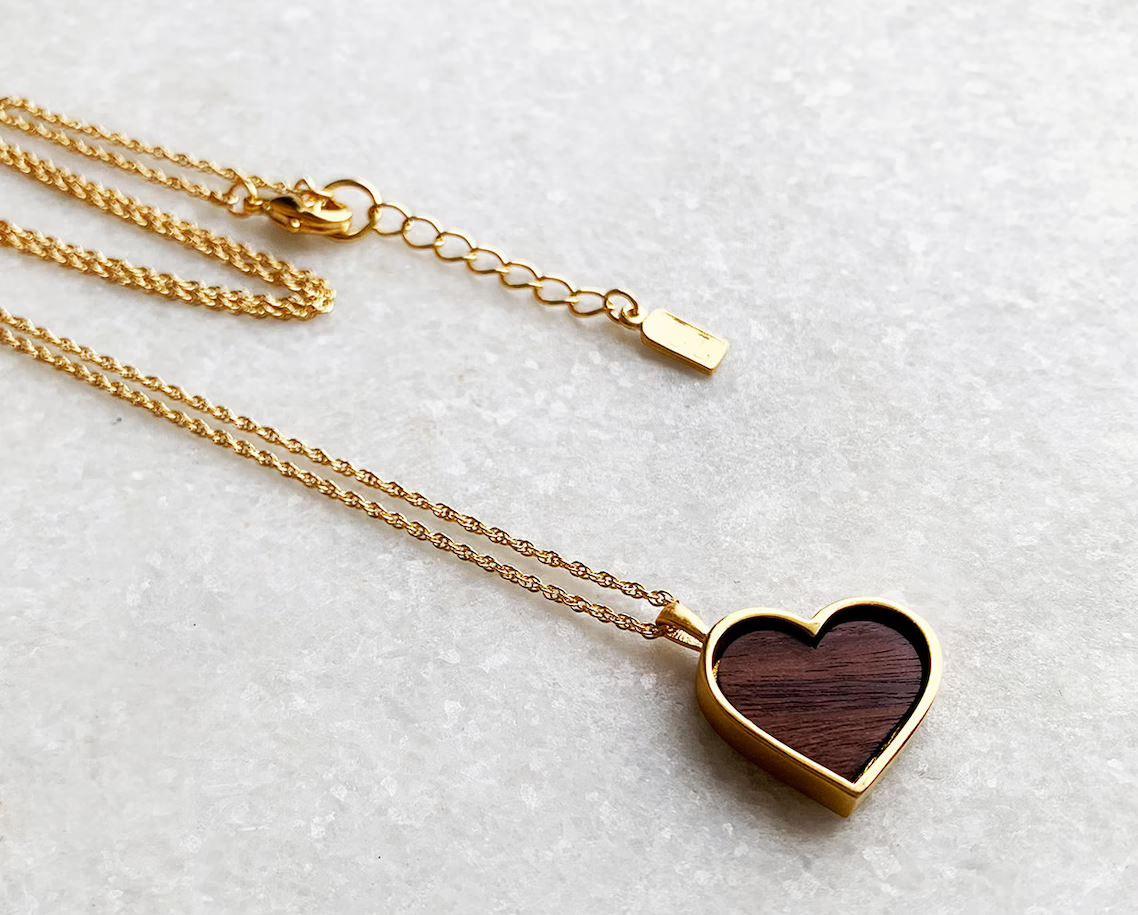 Gold-plated and wood heart-shaped pendant