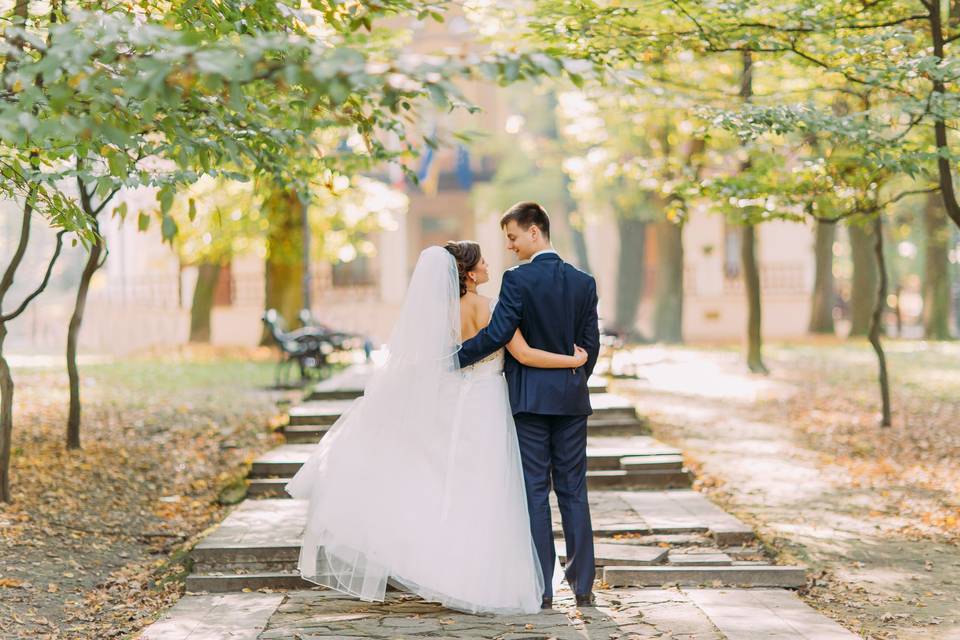 wedding couple walking together