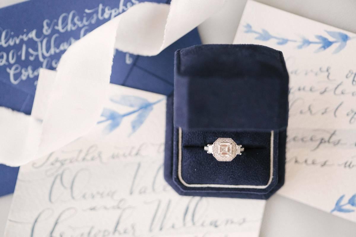 navy blue ring box against a backdrop of calligraphy wedding invitations