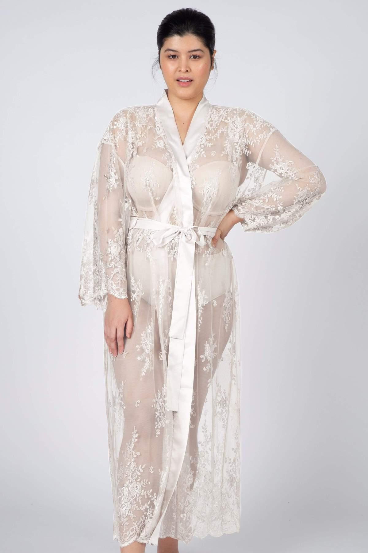 Long sheer white bridal robe with embroidery