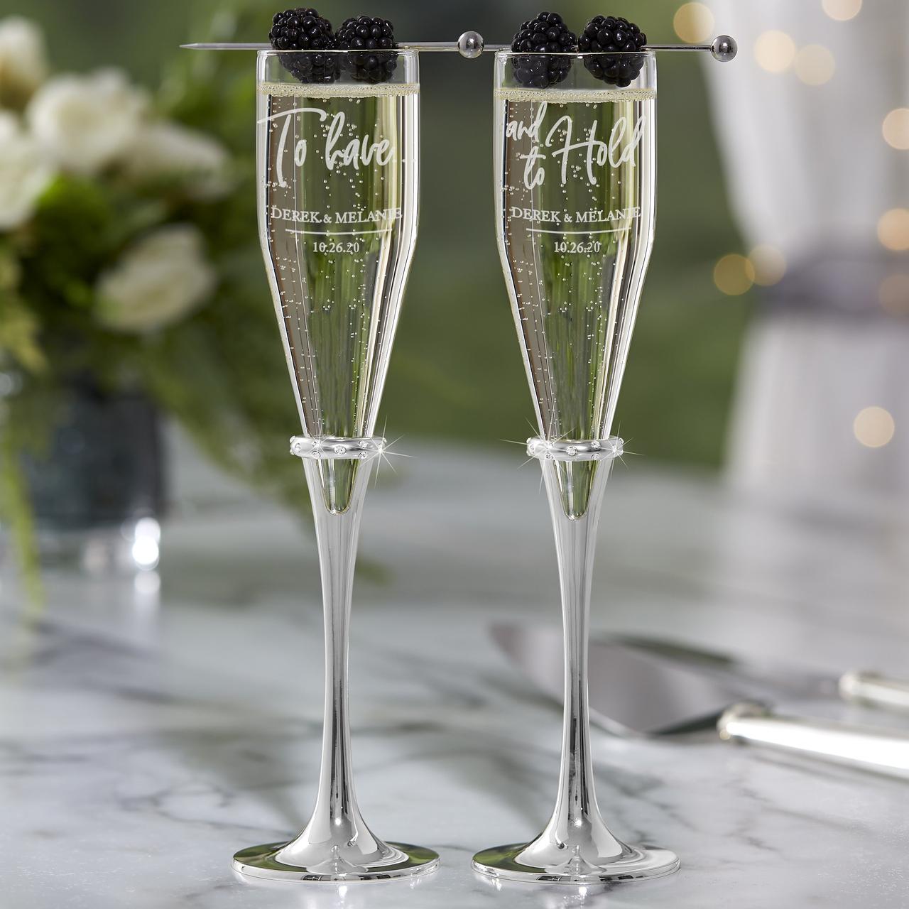 Bride and Groom 'Wedding Day' Champagne flute with silver stem 