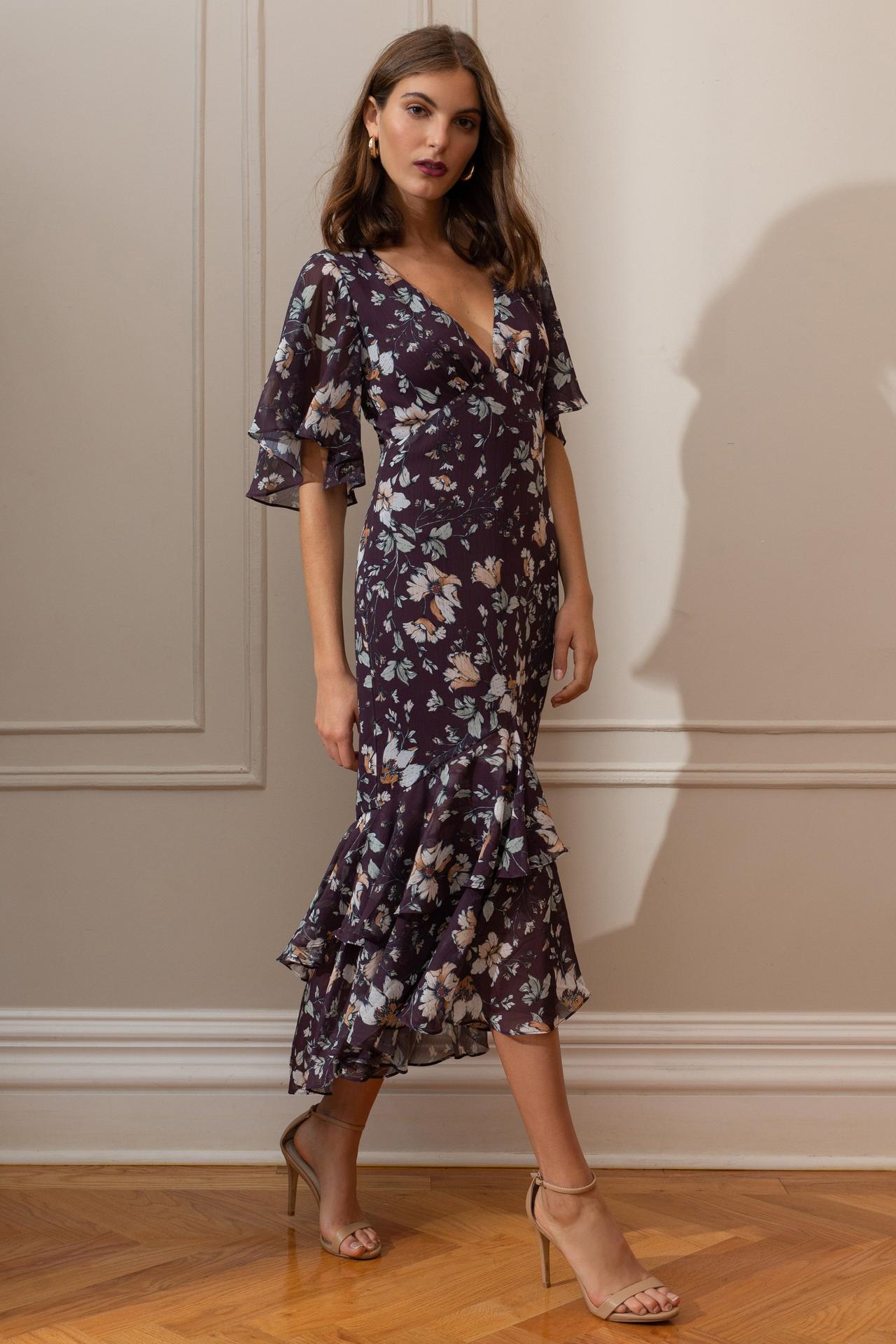 Floral midi fall wedding guest dress with flutter sleeves and tiered skirt