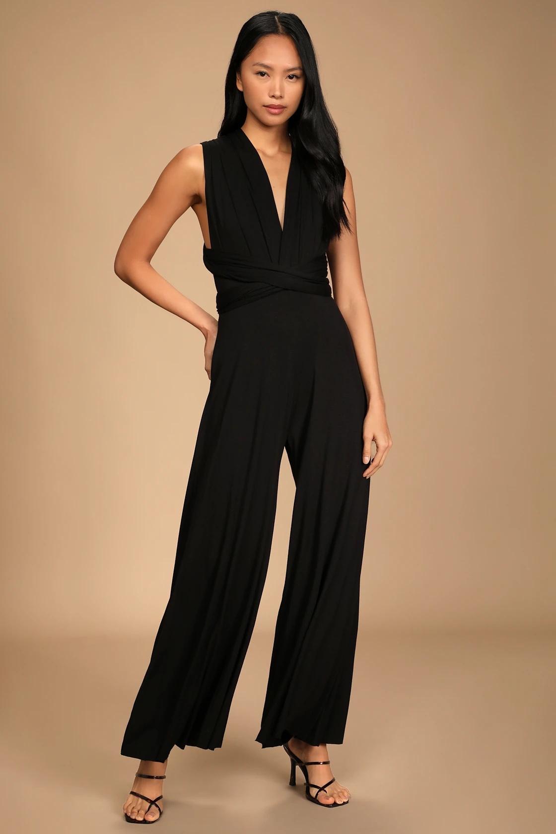 Black Wedding Jumpsuit, Infinity Pantsuit, Wrap Bridesmaid