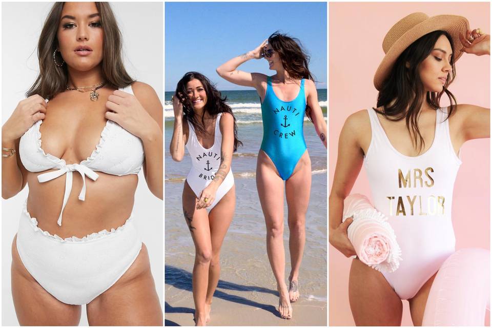 plus-size and petite models wearing bathing suits at beach bachelorette party