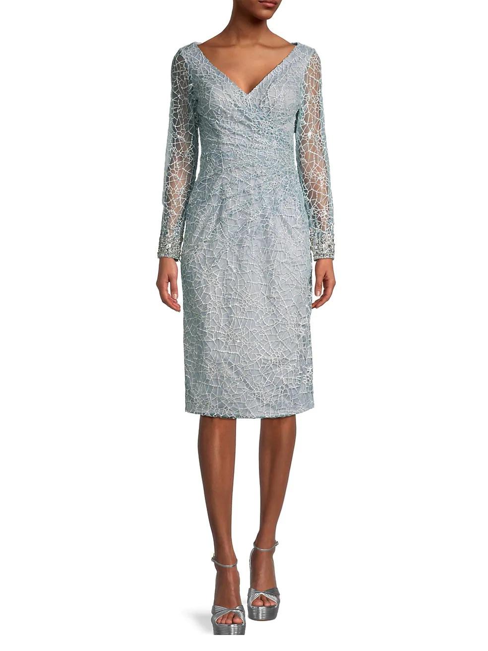 Long illusion sleeves and V-neck sheath dress with beading