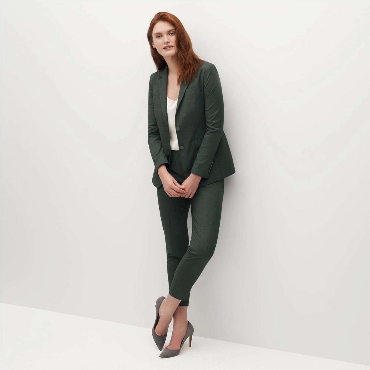 Green two-piece suit women's rehearsal dinner outfit