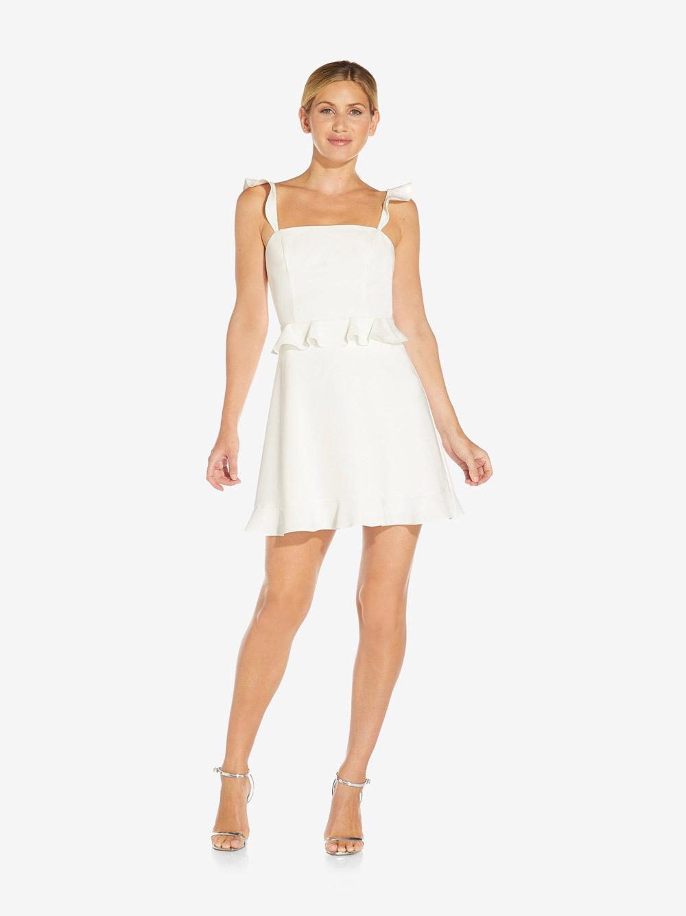 adrianna papell ivory cocktail dress with ruffled straps and waistline for wedding after party outfit