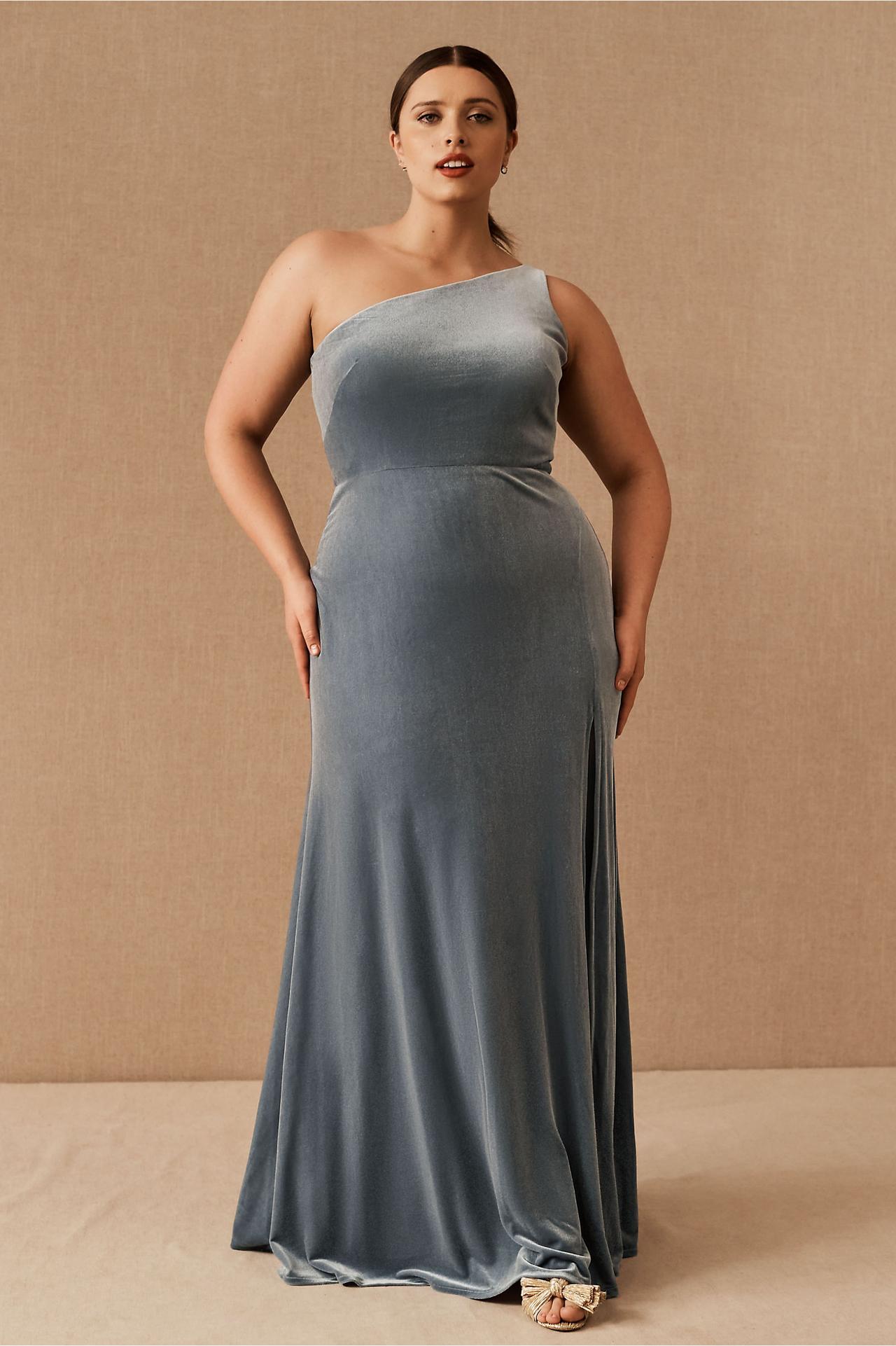 Maxi Blue Velvet Dress One Shoulder Sexy High Split - Power Day Sale