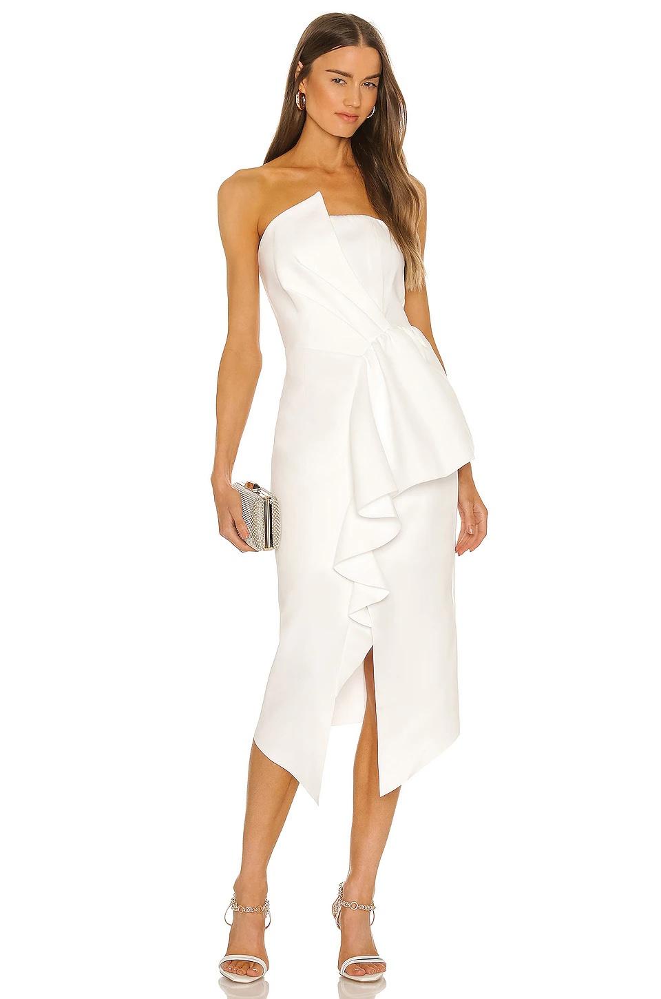 revolve ivory strapless midi dress with large ruffled chest and skirt for wedding after party outfit