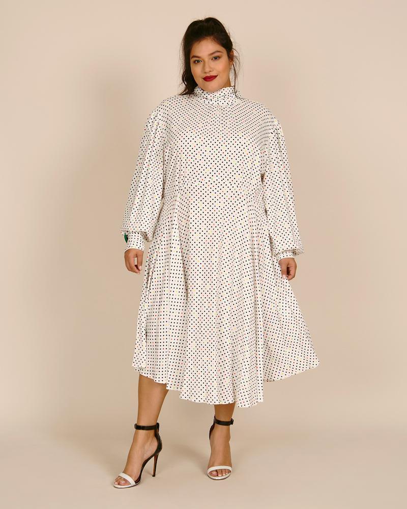 11 honoré white high neck dress with allover black polka dots long sleeves and pleated flowy skirt for wedding after party outfit