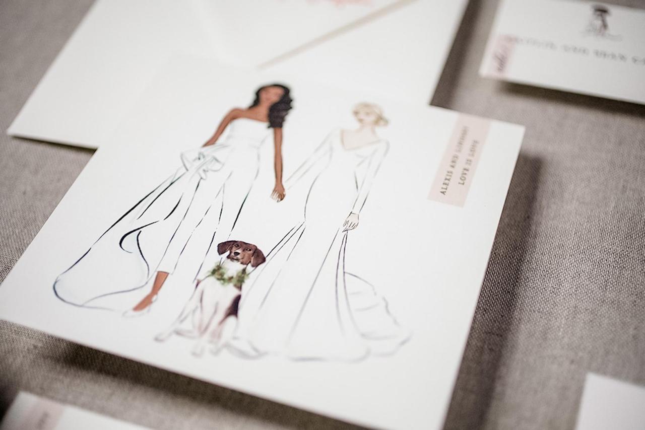 illustration with two brides and a dog