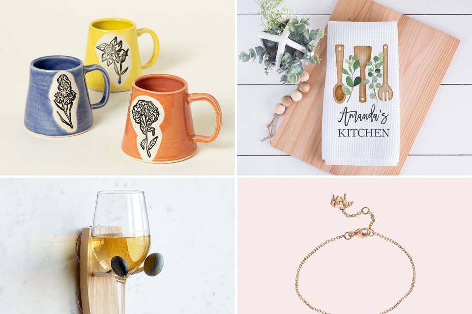 Gift ideas for daughter-in-law including coffee mug, personalized dish towel, wine holder, and bracelet