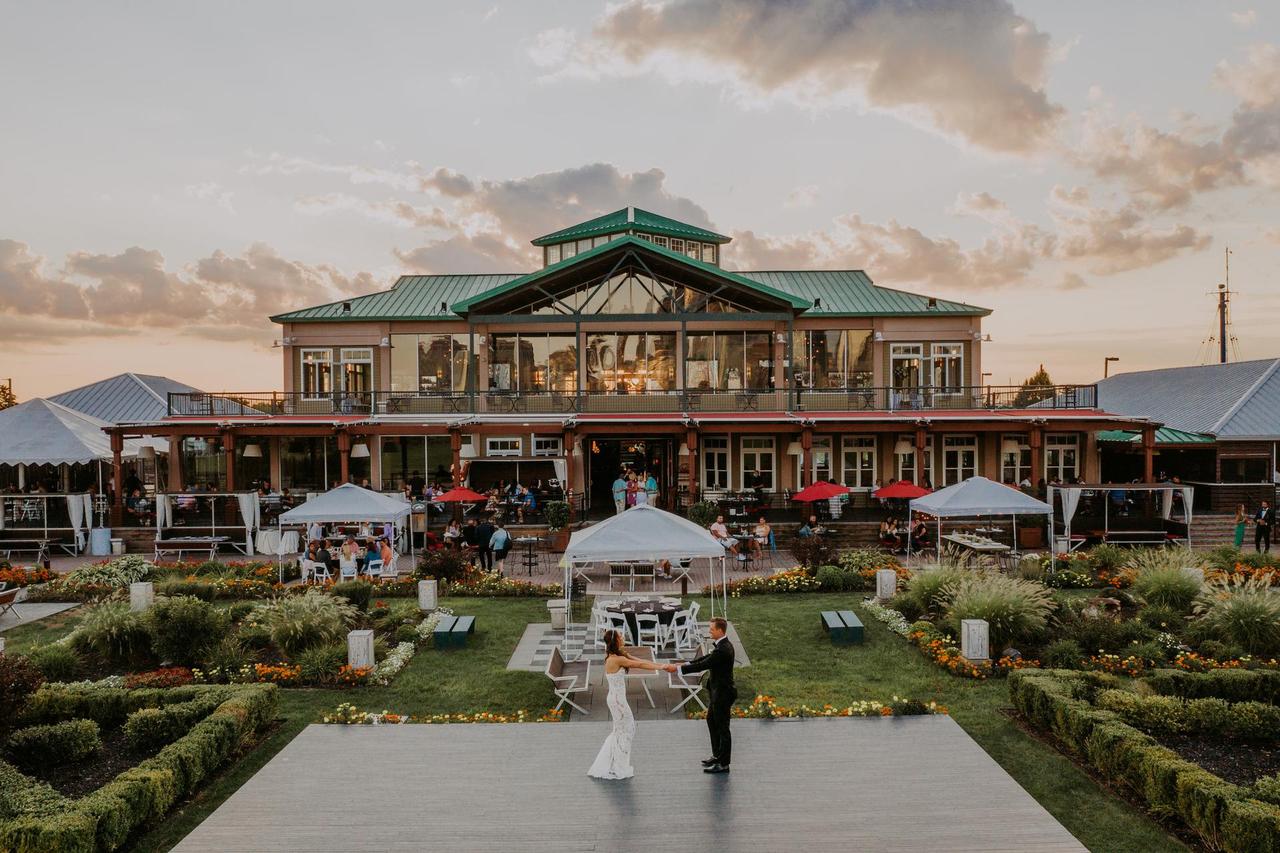 outdoor wedding reception with couple on dance floor